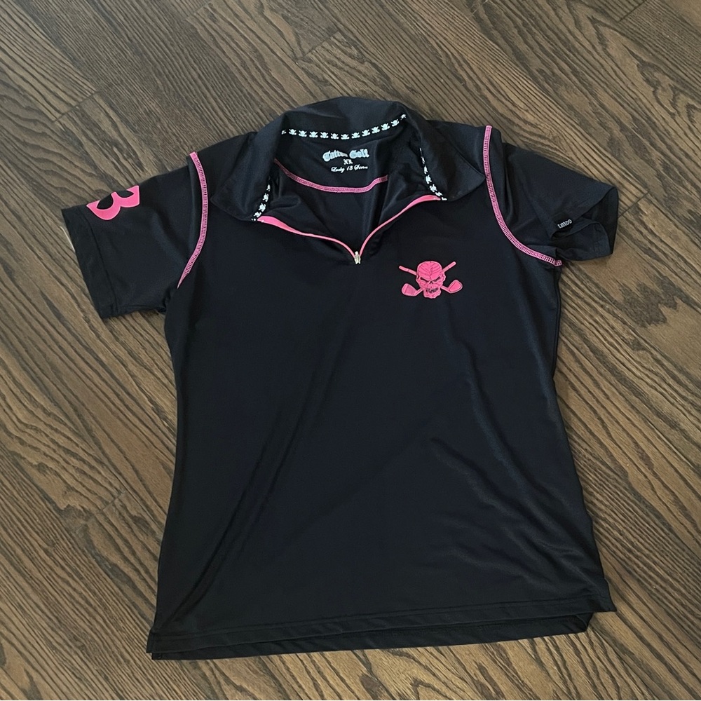 Girls Black Polo Shirt with Pink Skull Design
